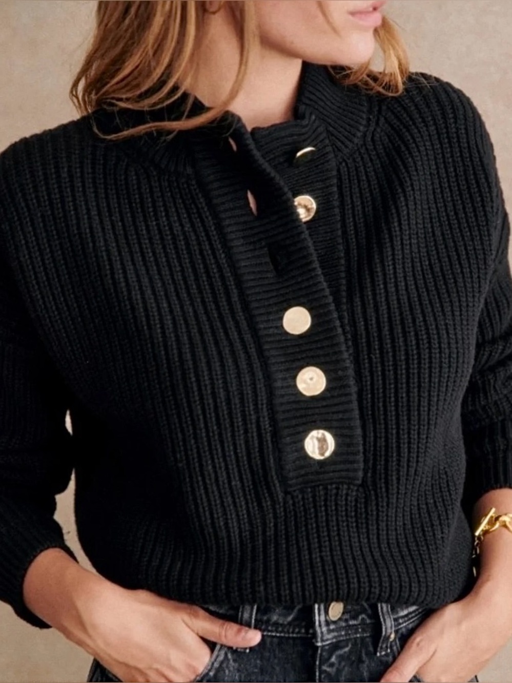 Sezane Lucas Jumper Black Noir Sweater Gold Buttons Rib Knit